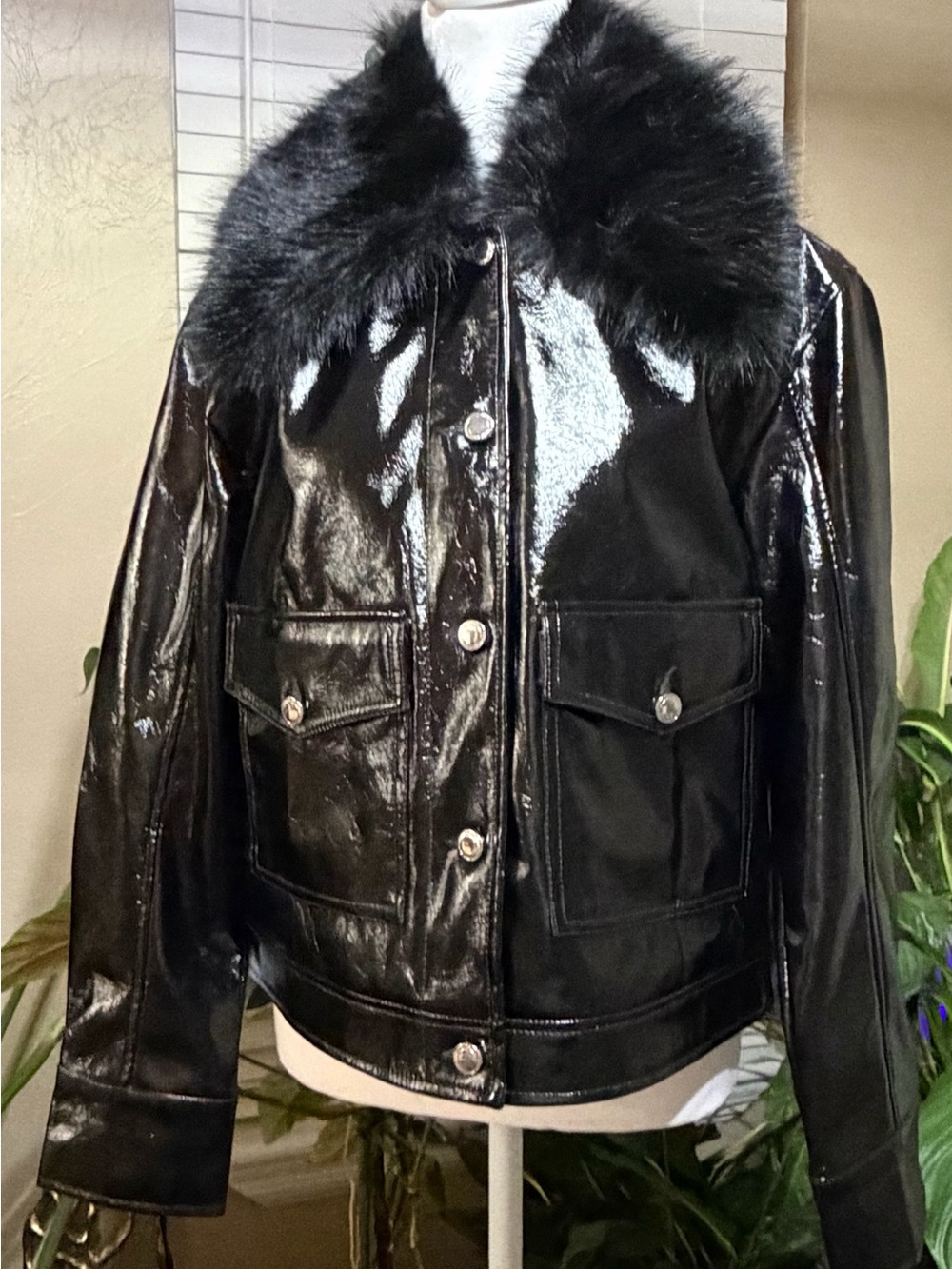 NWT Maeve by Anthropologie Black Faux Patent Leather Jacket removable Fur Col